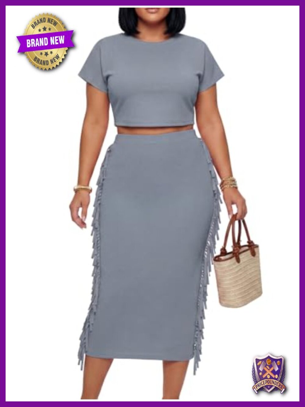 Two Piece Set Tassel Crop Top Bodycon Midi Skirt Outfit
